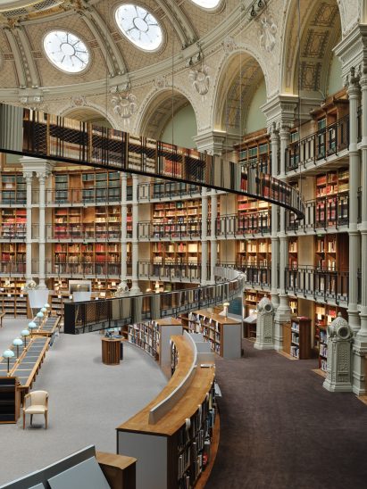 Interior of multi-level library with central reading space