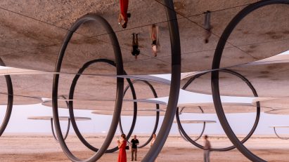A rendering of a circular installation in a desert