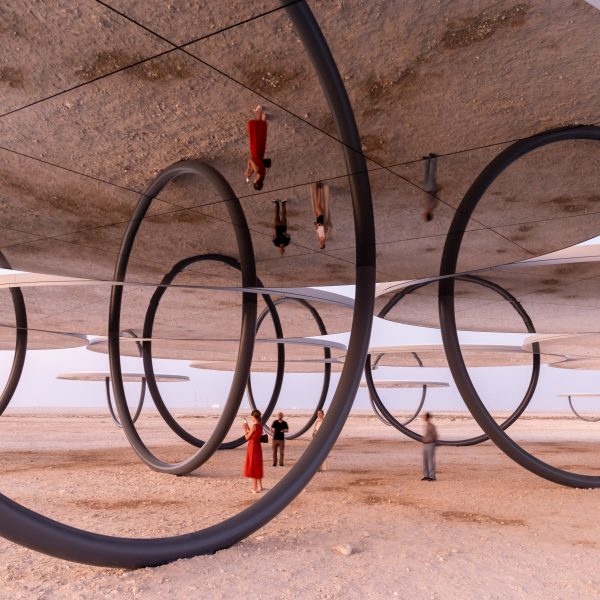 A rendering of a circular installation in a desert