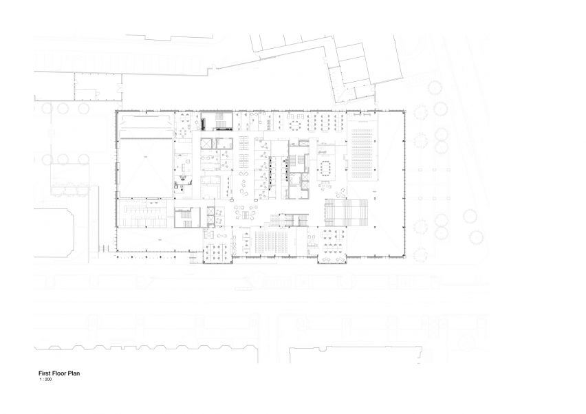 First floor plan of One Elmwood student hub at Queen's University Belfast, designed by studios Hawkins\Brown and RPP Architects.