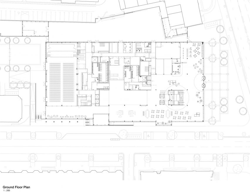 Ground floor plan of One Elmwood student hub at Queen's University Belfast, designed by studios Hawkins\Brown and RPP Architects.