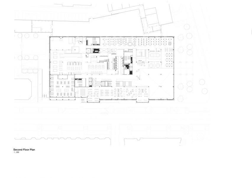 Second floor plan of One Elmwood student hub at Queen's University Belfast, designed by studios Hawkins\Brown and RPP Architects.