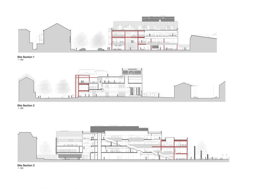 Sections of One Elmwood student hub at Queen's University Belfast, designed by studios Hawkins\Brown and RPP Architects.