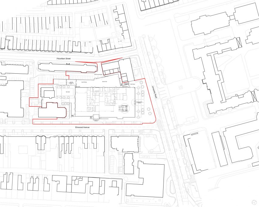Site plan of One Elmwood student hub at Queen's University Belfast, designed by studios Hawkins\Brown and RPP Architects.