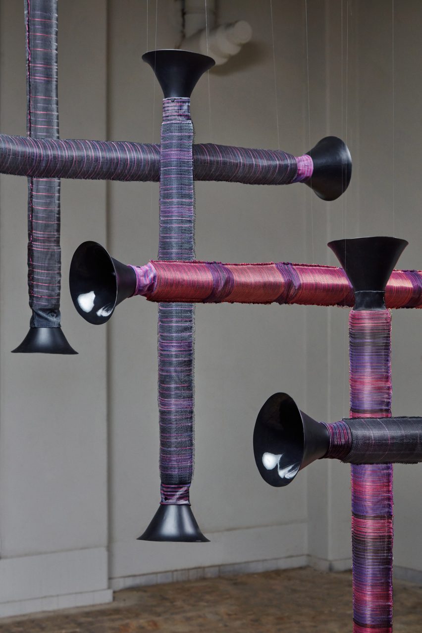 Close-up on the woven speakers in the Re-Sounding Yarn installation