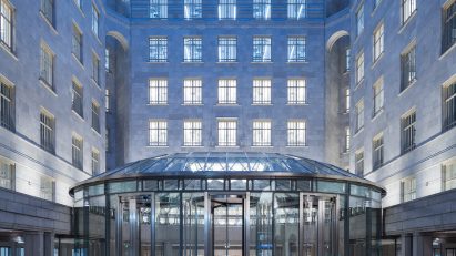 Exterior image of a glass extension at 80 the Strand