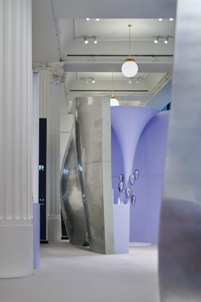 Interior image of the display areas at the Mugler pop-up