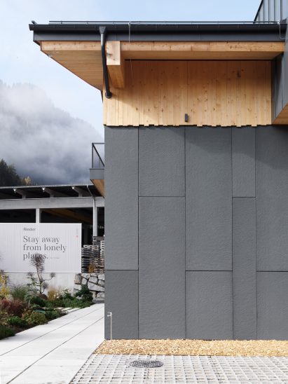 Exterior image of the slate grey facade panels at Rieder's headquarters