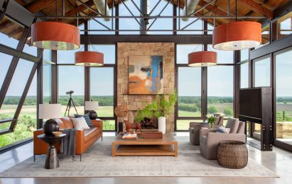 Exposed steel trusses in living room