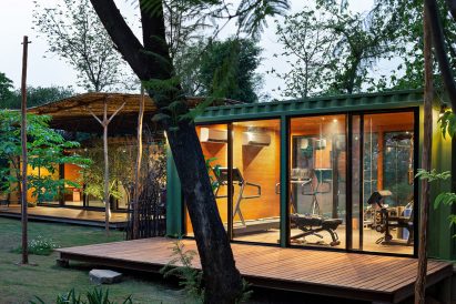 Image of the exterior of The Container House with views to a gym suite
