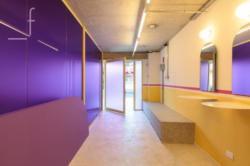 Purple and yellow entrance corridor