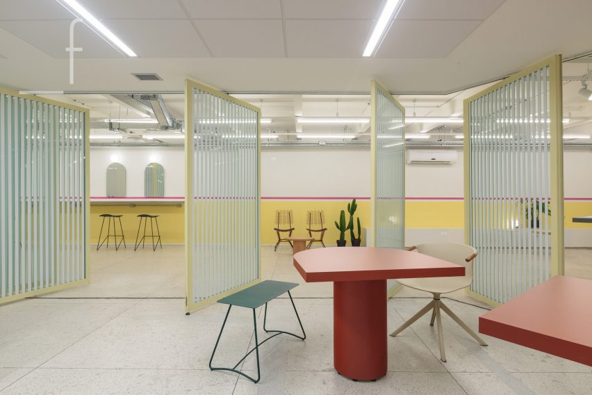 Pivoting doors open to meeting space