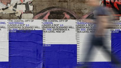 Posters showing predicted sea level rises for different cities