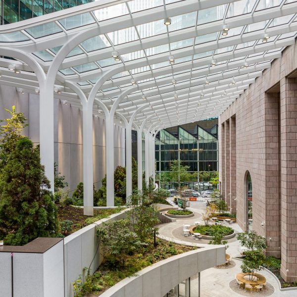 Courtyard with greenery and glazed canopy supported by white columns