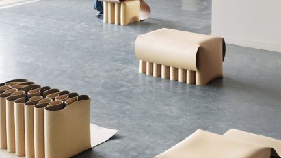 Linoleum furniture collection of stools and tables by Lina Chi