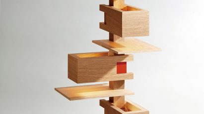 Photograph of wooden boxy lamp
