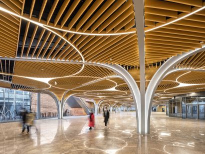 Interior image of a brightly lit space with steel columns at the visitor centre