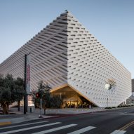 Front view of The Broad museum's exterior taken at sundown