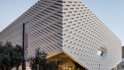Front view of The Broad museum's exterior taken at sundown