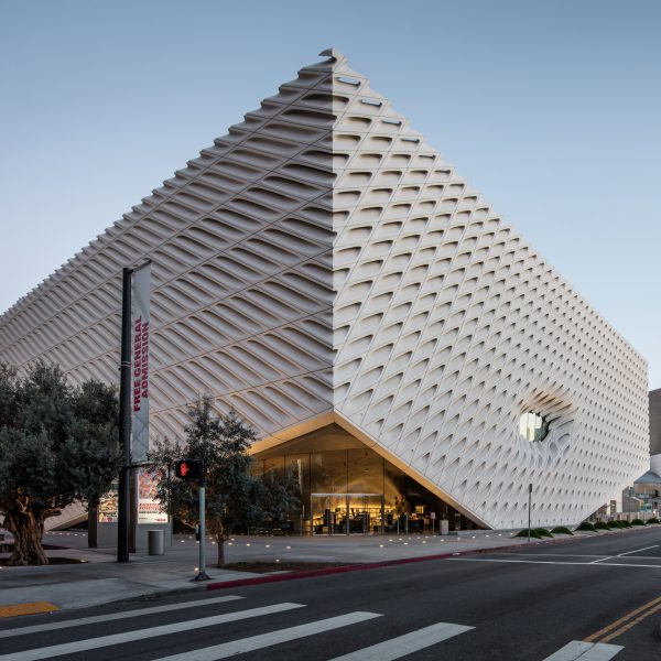Front view of The Broad museum's exterior taken at sundown