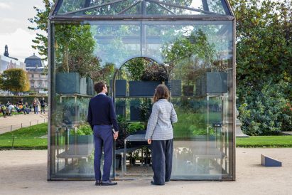 Visitors look at The Green Pavilion