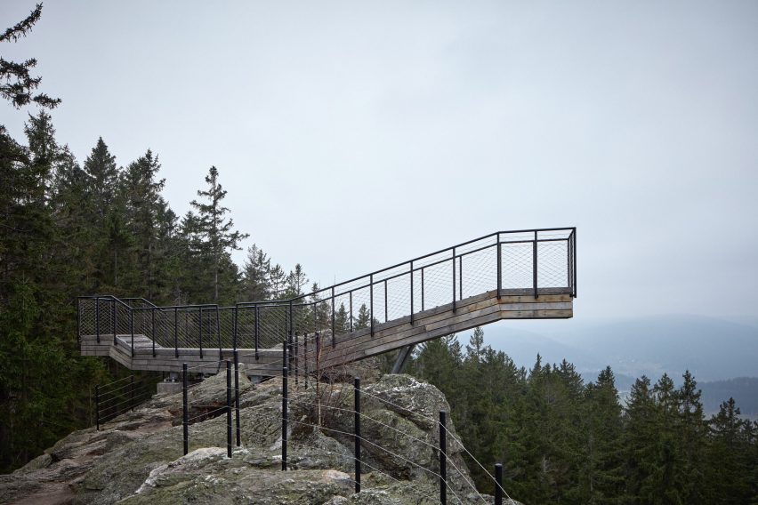 Wooden viewpoint overlooking forest
