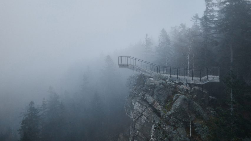 Wooden cantilevered viewpoint on mountain