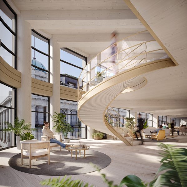 Double-height lobby with swooping staircase