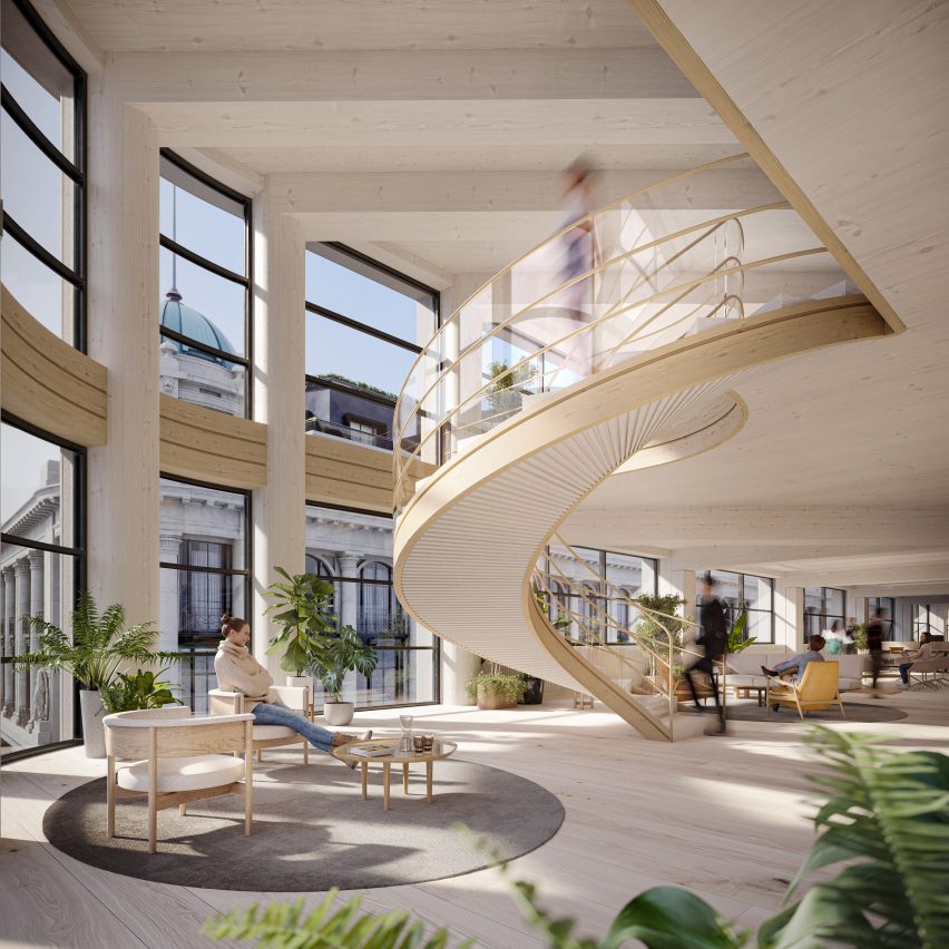 Double-height lobby with swooping staircase