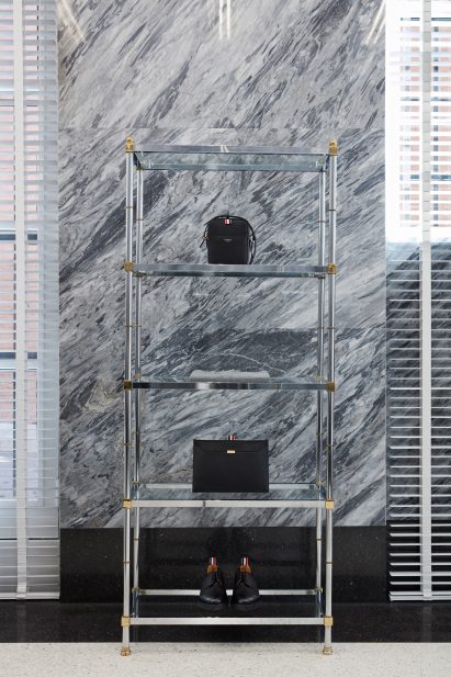 Accessories displayed on minimalist shelving