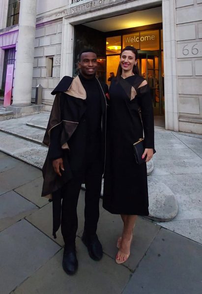 Eleni Kyriacou and Muyiwa Oki outside RIBA