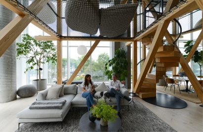 Net hammocks suspended above seating areas