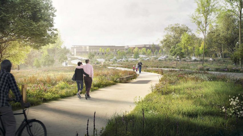 People walking in park by Velindre Cancer Centre