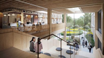 Interior and waiting area clad in wood in hospital
