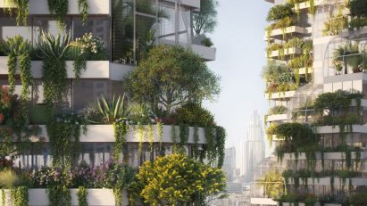 Dubai towers with trees and trailing vines