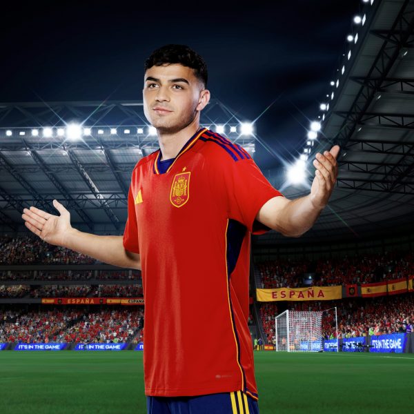 A footballer in a red shirt on a pitch
