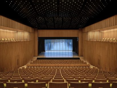 Wood-lined auditorium overlooking lake