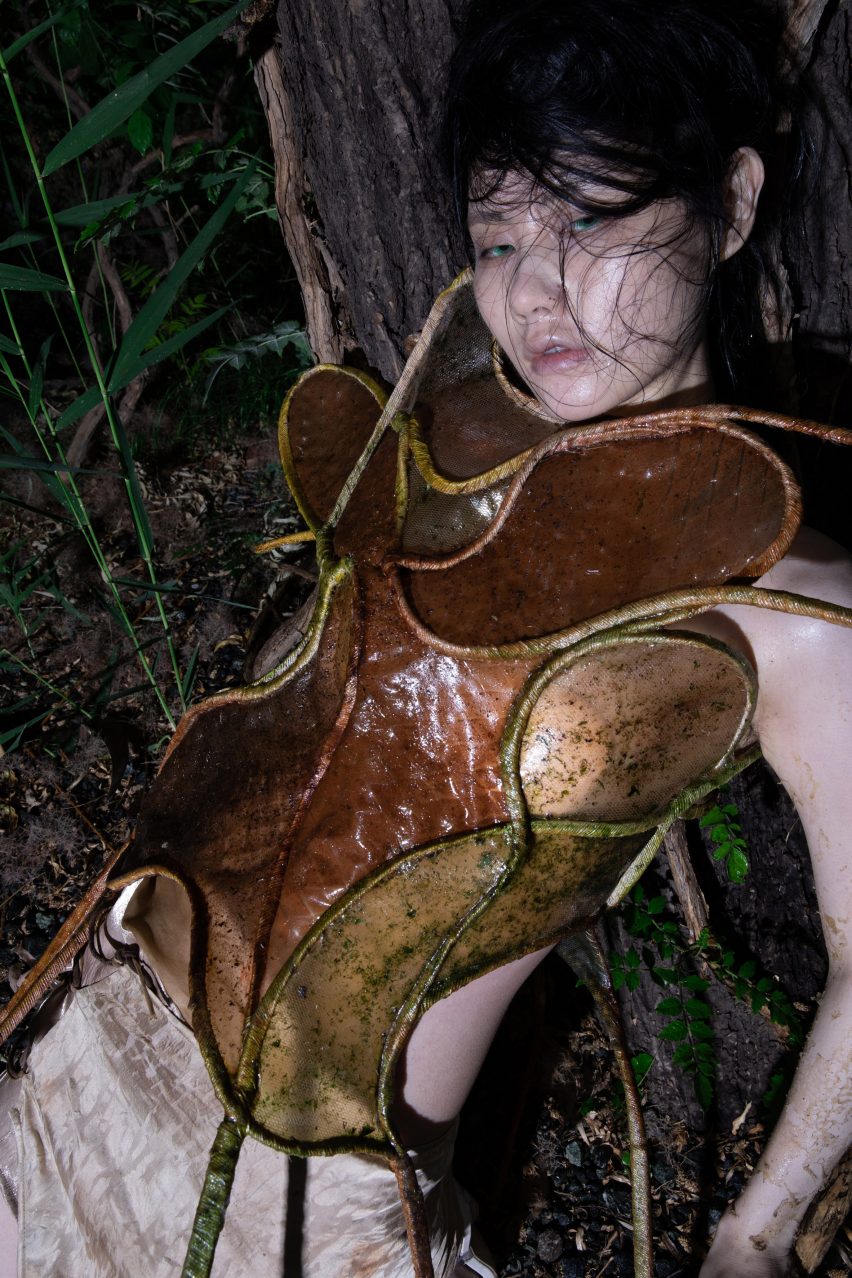 A model wearing a brown corset top