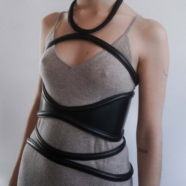Person wearing leather harness