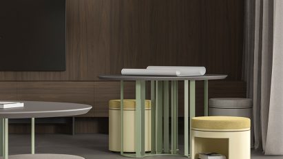 Office space with sage green and yellow seating and tables