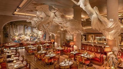 Restaurant interior with table settings and lights