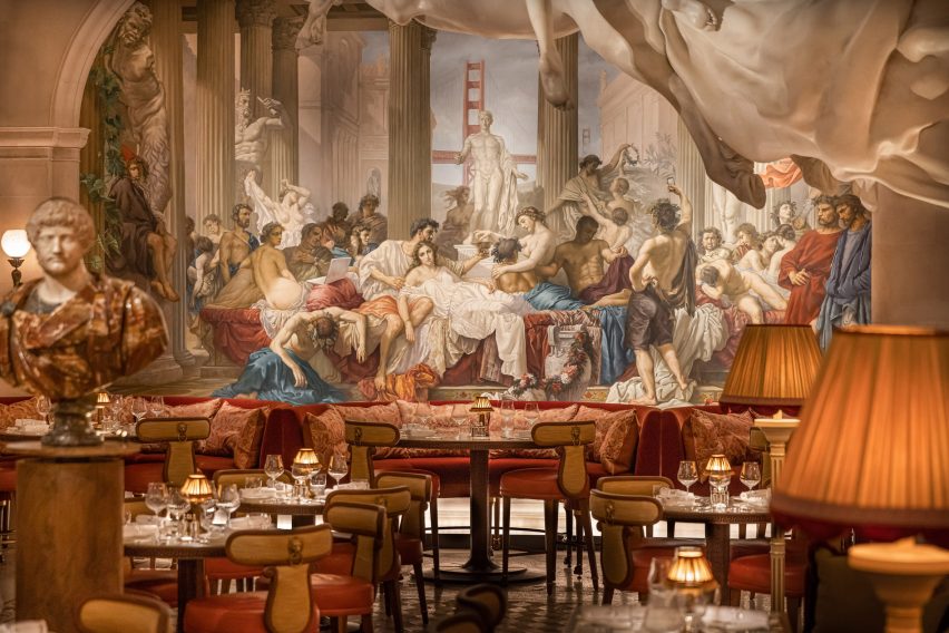 Restaurant interior with giant mural