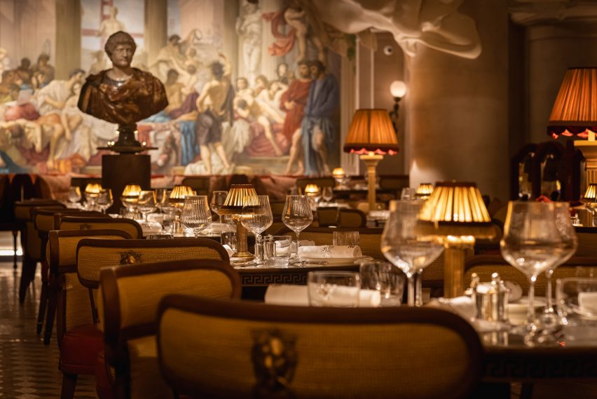 Restaurant interior with table settings and lights