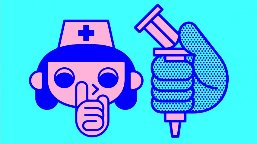 Design and Health exhibition graphic featuring cartoon nurse