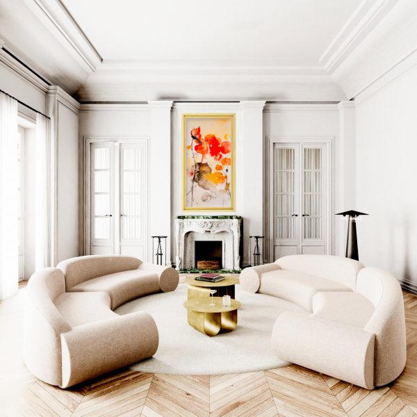 Photograph of a living room with a painting of poppies hanging up on the wall
