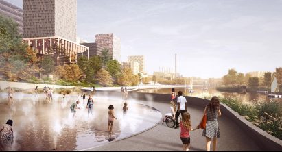 Children playing in the water in rendering of Cleveland riverfront development