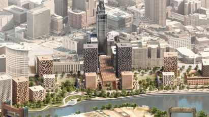 Aerial of Cleveland waterfront revitilization