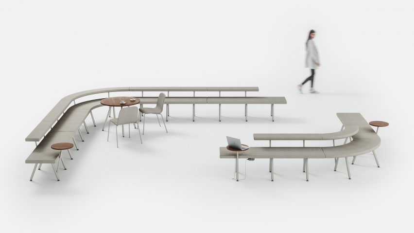 Photograph showing continuous seating system on grey backdrop