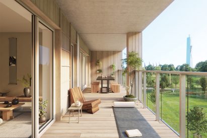 Render of wood-clad balcony