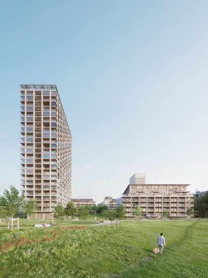 Visual of wood-clad housing blocks in Antwerp